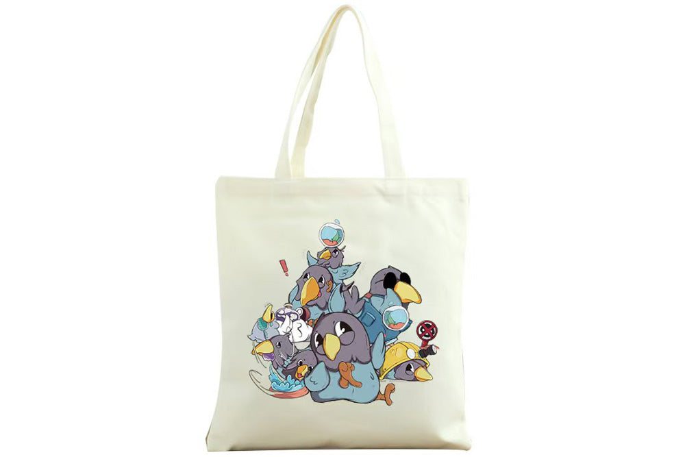 Natural canvas tote bag printed with Crow Drinks Water artwork