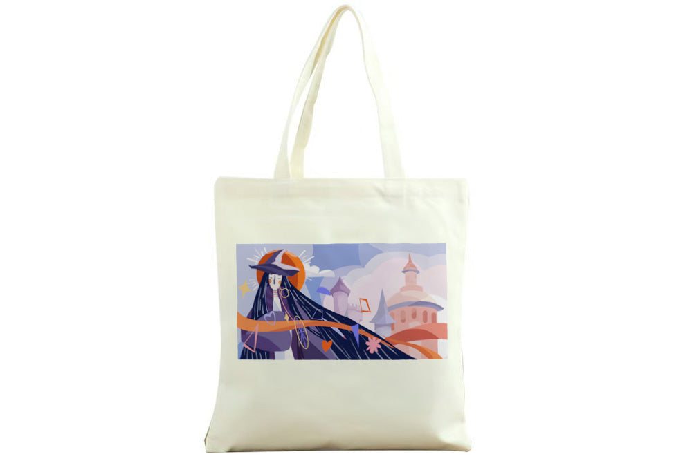 Natural canvas tote bag printed with Spire of Dioronna artwork