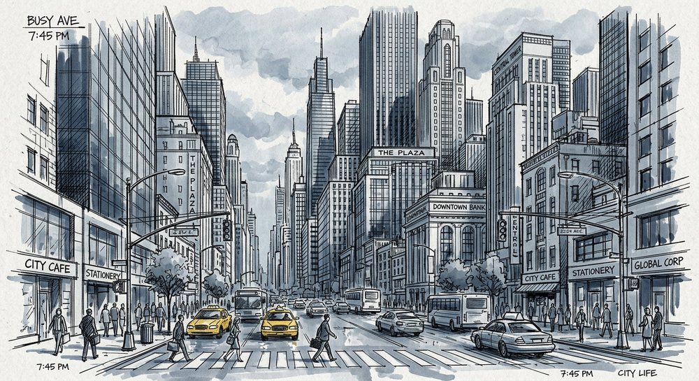 Ink and watercolour illustration of a commercial district with shopfronts and office buildings.