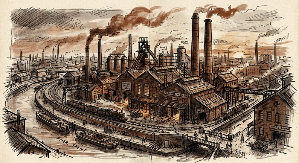 Ink and watercolour illustration of an industrial district with factory buildings and chimneys.