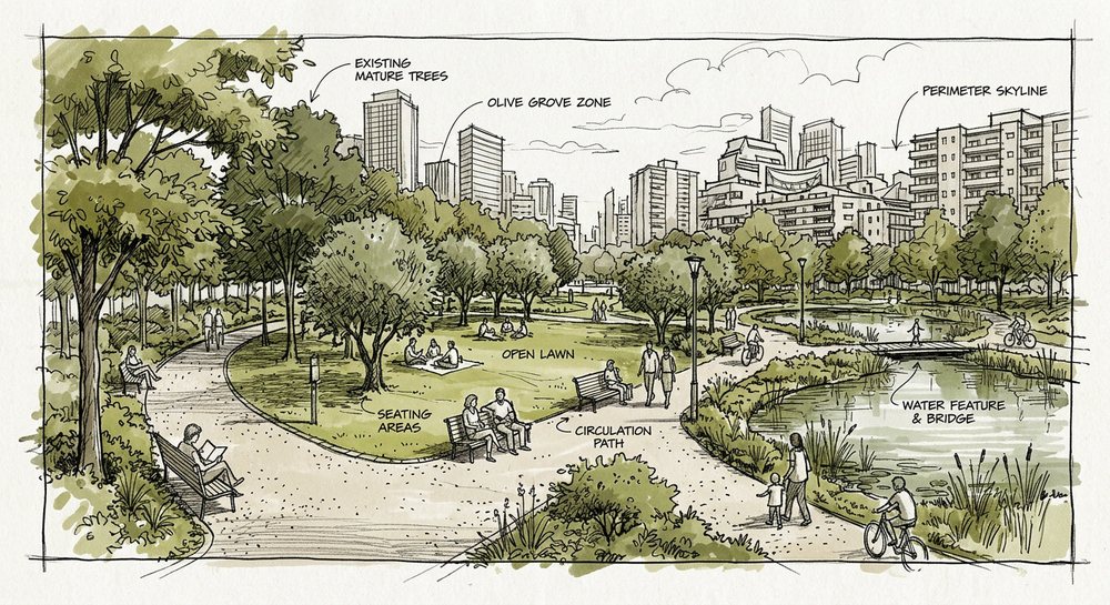 Ink and watercolour illustration of a city park with mature trees and walking paths.