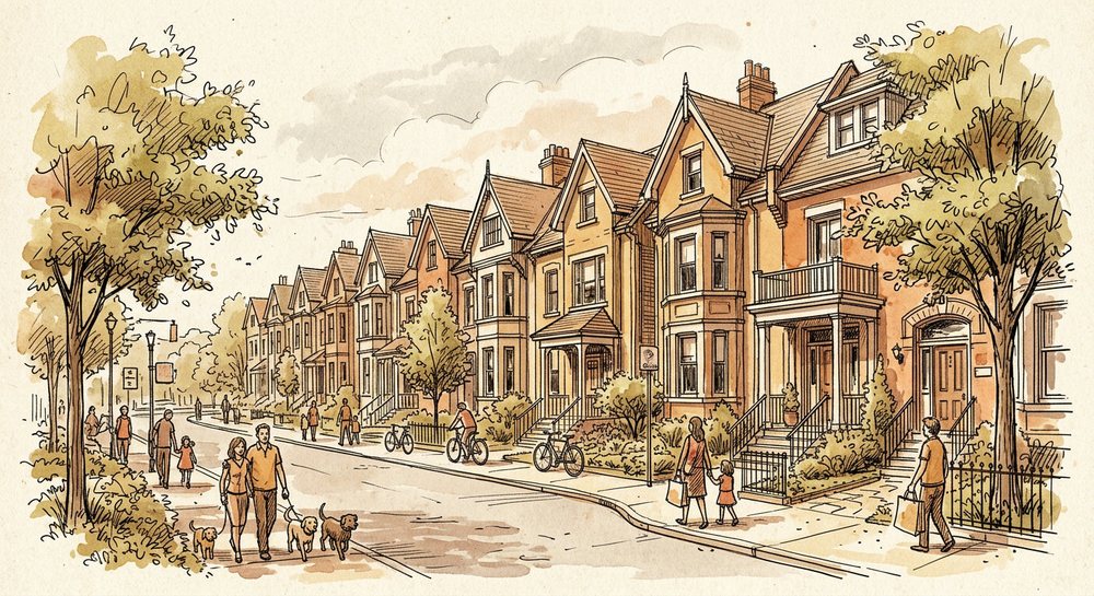 Ink and watercolour illustration of a residential street of gabled townhouses with trees, cyclists and families walking dogs.