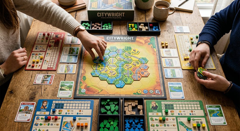 Concept mock-up of CityWright in play — a hex-tile city map mid-build on a wooden table, with player boards, wooden trees and buildings and district cards around it. Components are not final.