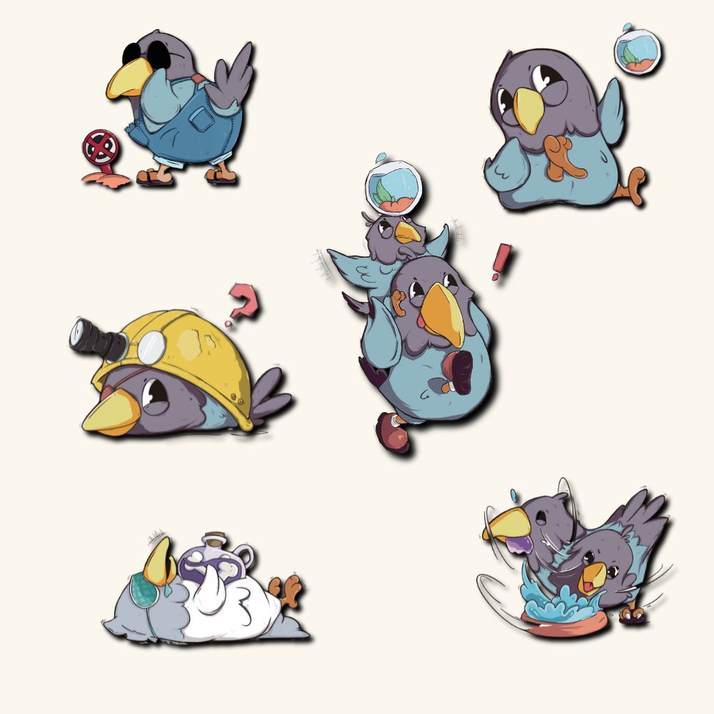 Set of six refrigerator magnets featuring Crow Drinks Water characters